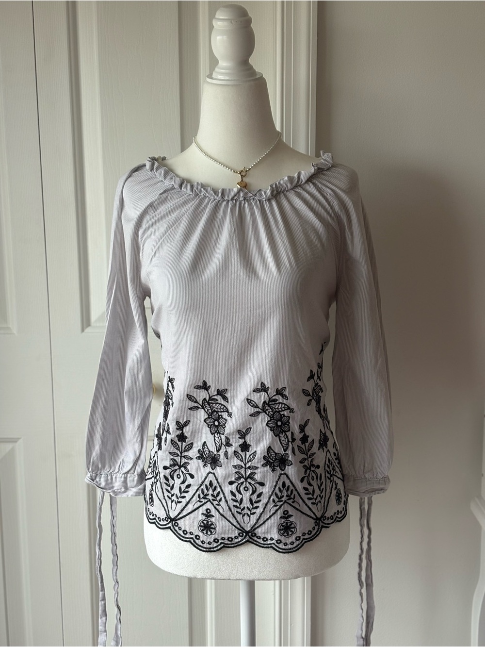 Sweet Wanderer White Peasant Blouse with Black Floral Embroidery